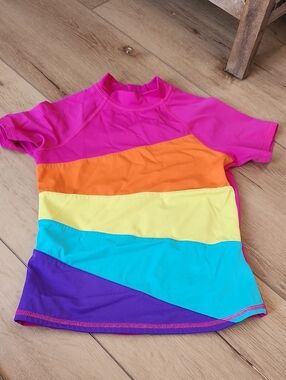 Lands' End Kids Rainbow Stripe Rashguard - Pink, Orange, Yellow, Blue, Purple